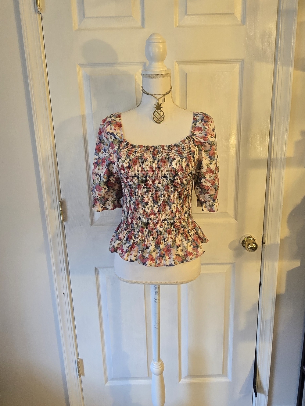 SHEIN Multicolor Floral Smocked Peplum Top Large Feminine Prarie